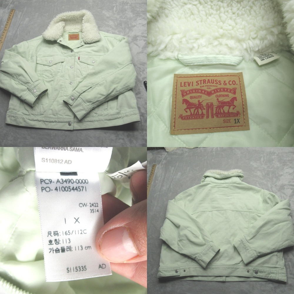 Levis Corduroy Jacket Womens 1X Light Green Cotton‎ Faux Fur Collar Button Up